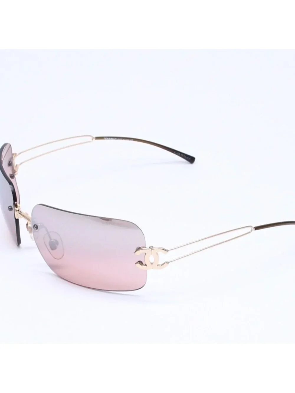 Chanel Rimless Sunglasses Eyewear CC Logo Brown Gold